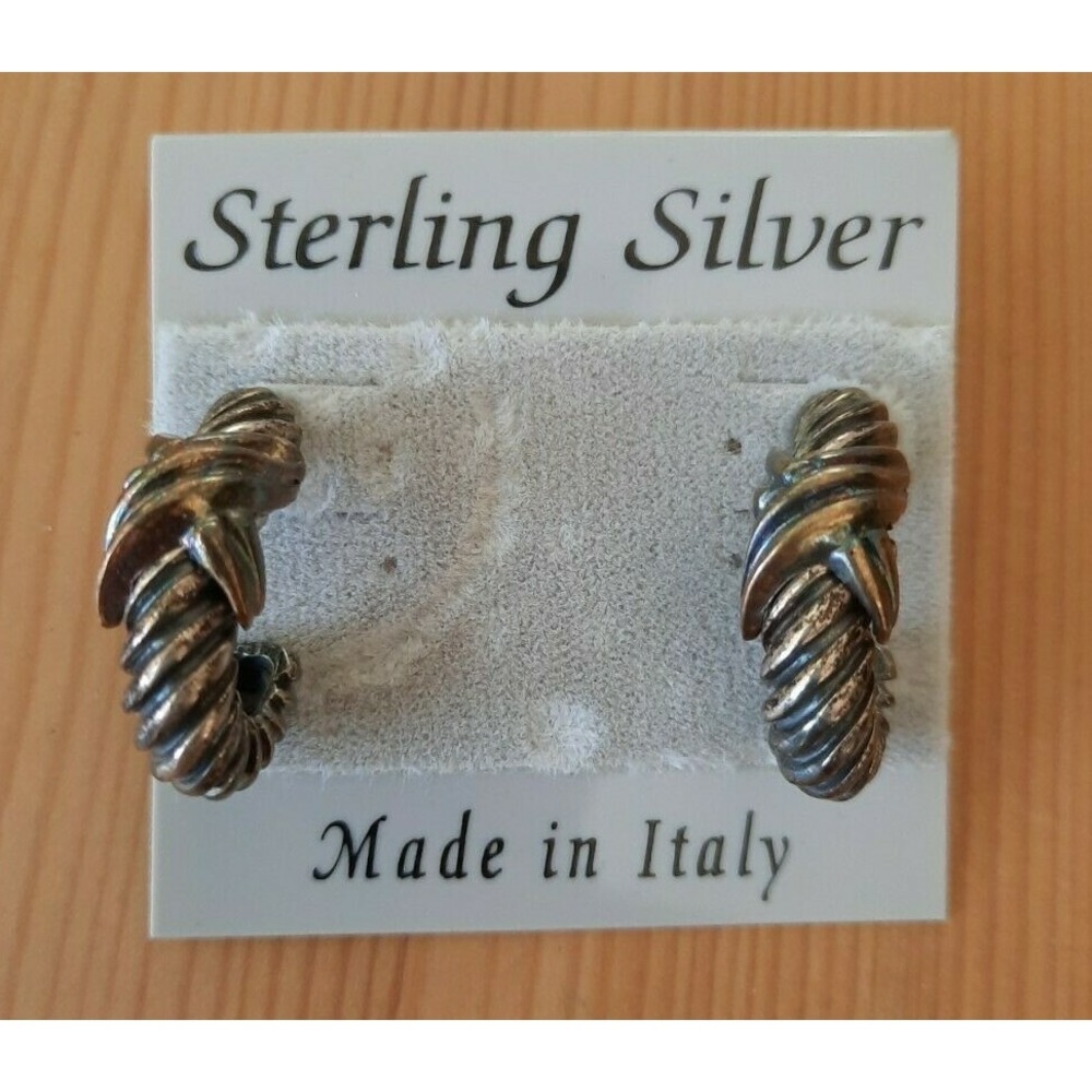 Sterling Silver 925 Italy Textured X Half Hoop Earrings Vintage NOS M Italy